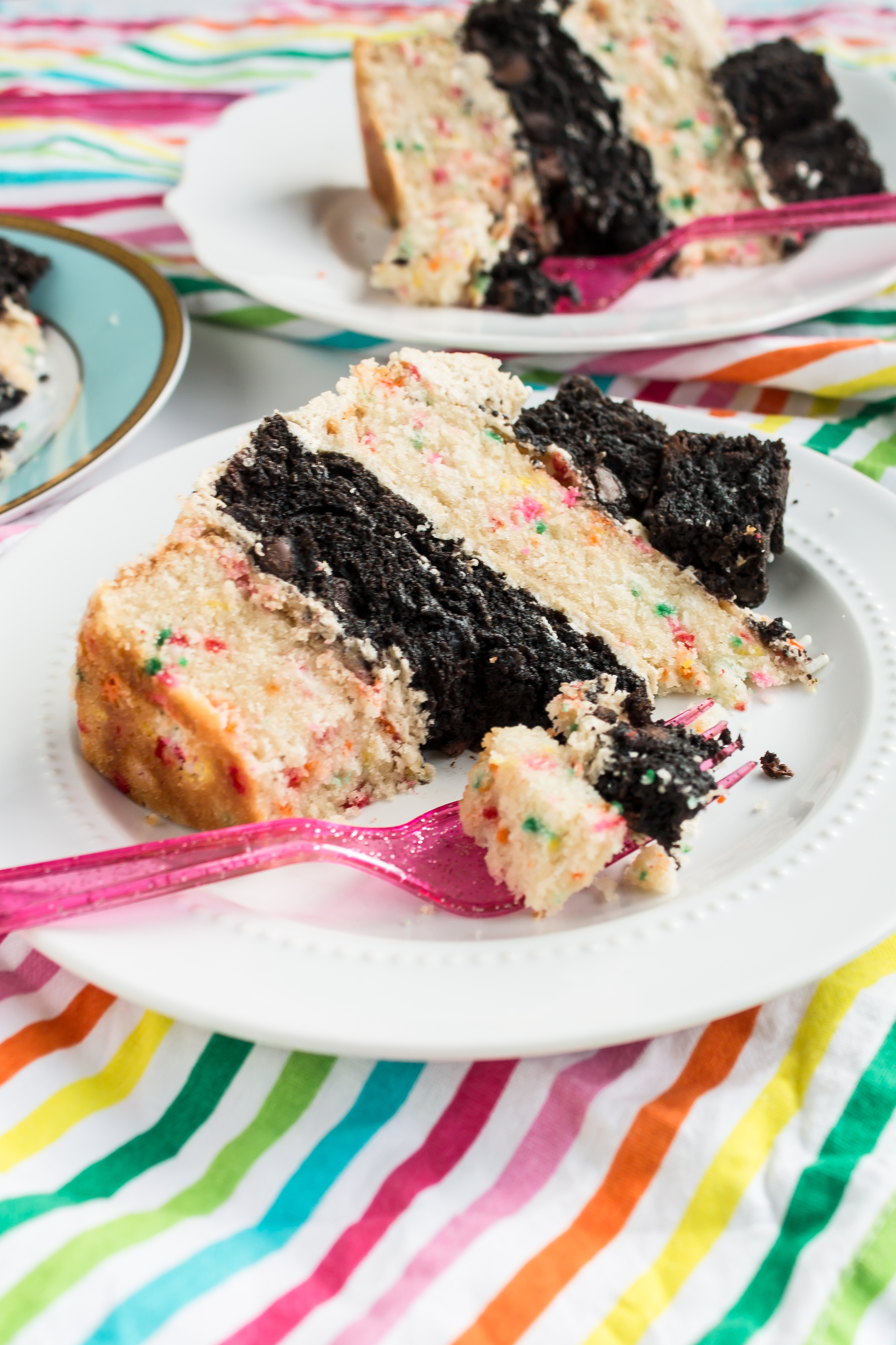 funfetti brownie cake with cookie dough frosting - Pass the Cookies