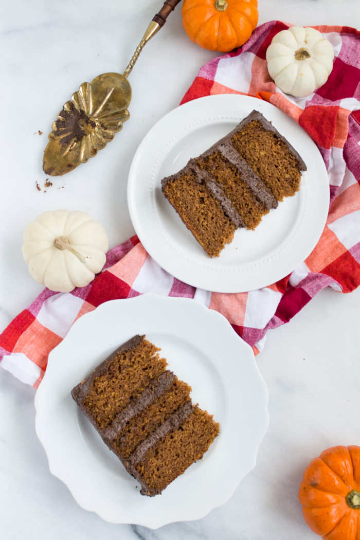 pumpkin cake with fluffy chocolate frosting