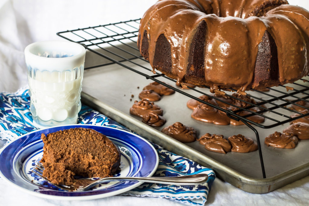 Bring back nostalgic memories with this rich chocolate pound cake with creamy chocolate glaze.