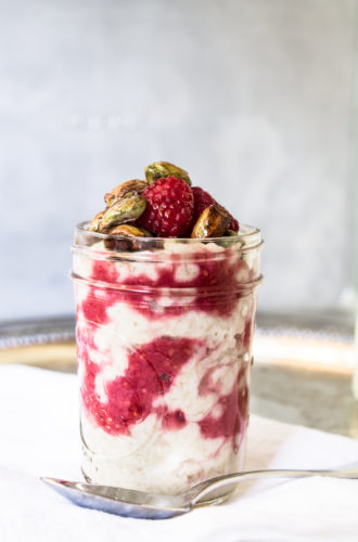 porridge with raspberry ripple and honey roasted pistachios