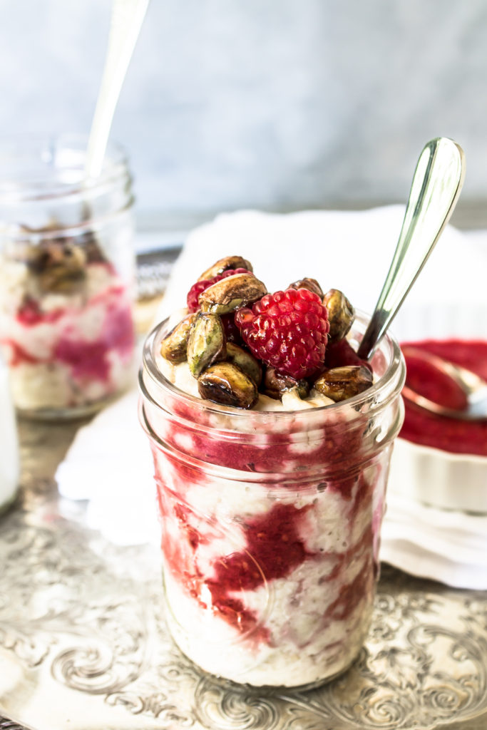 This creamy porridge with raspberry ripple and honey toasted pistachios is a delicious, nutritious way to start your morning.