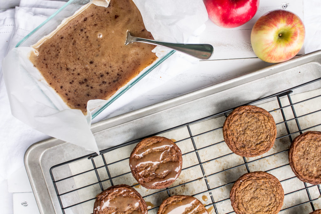 These chewy ginger cookies with apple cider caramel are a delicious warm, spiced fall treat. 