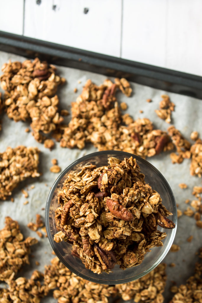 The perfect treat for breakfast and snacks, this pumpkin spice granola has all of the flavors of fall.  www.passthecookies.com