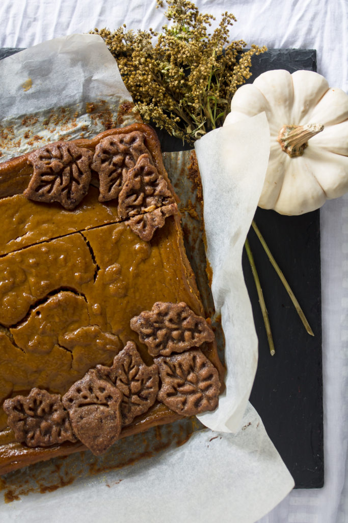 Happy Pi Day! Pumpkin Pie Bars with Chocolate Chip Gingerbread Crust | www.passthecookies.com