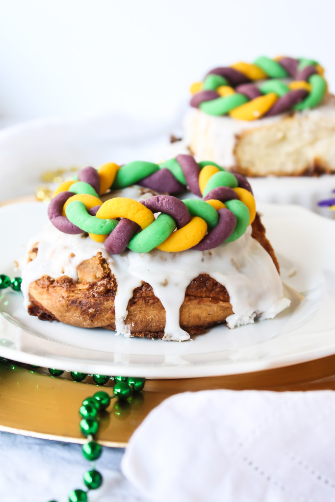 Celebrate Mardi Gras with delicious king cake cinnamon buns!