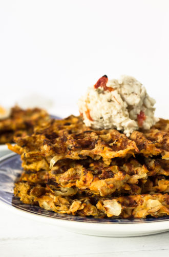 waffled sweet potato hash browns with smoked gouda pimento cheese
