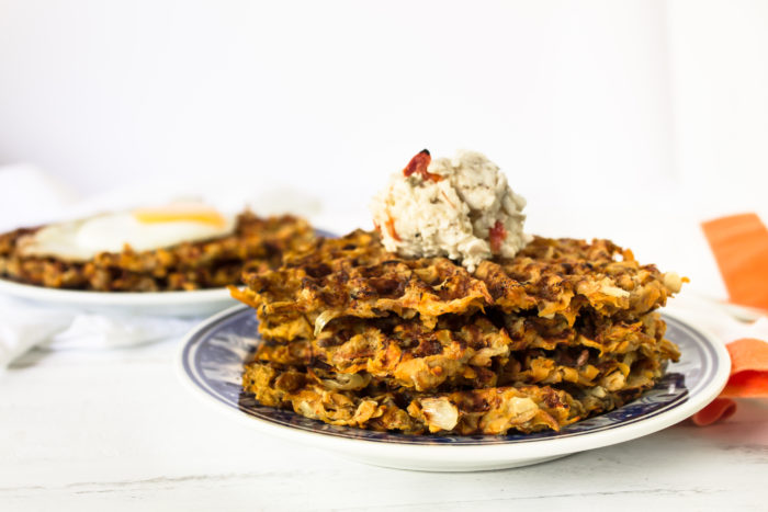 waffled sweet potato hash browns with smoked gouda pimento cheese