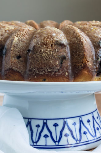 blueberry bundt cake with streusel and lemon glaze