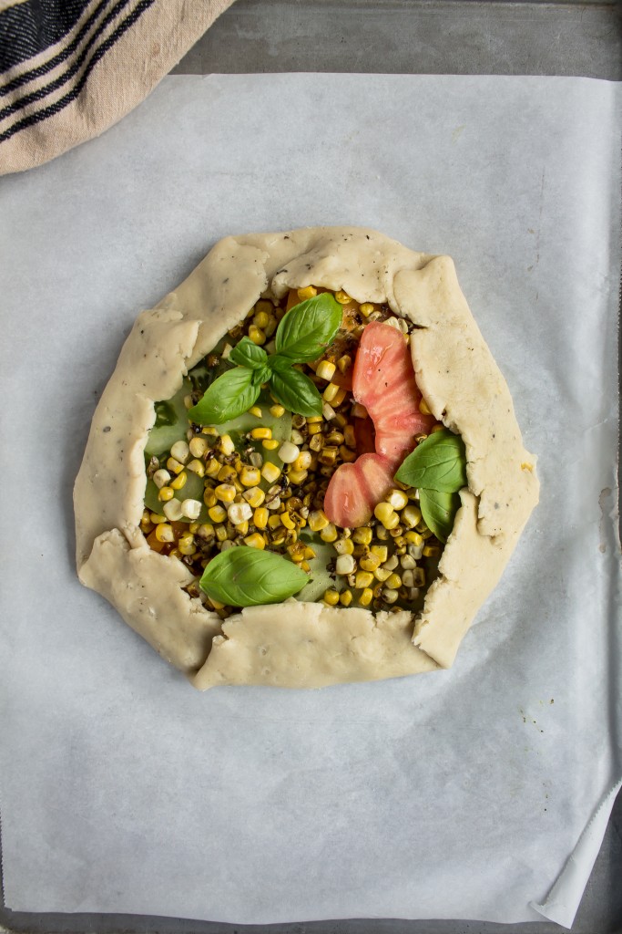 Roasted Tomato and Corn Galette with Pesto and Goat Cheese