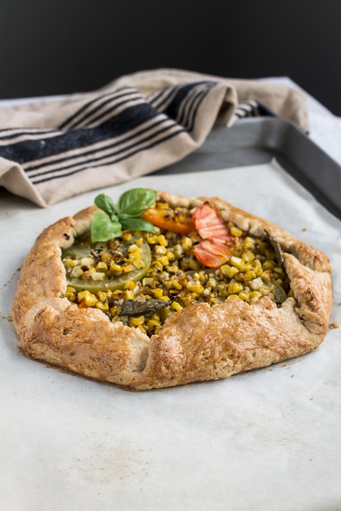Roasted Tomato and Corn Galette with Pesto and Goat Cheese