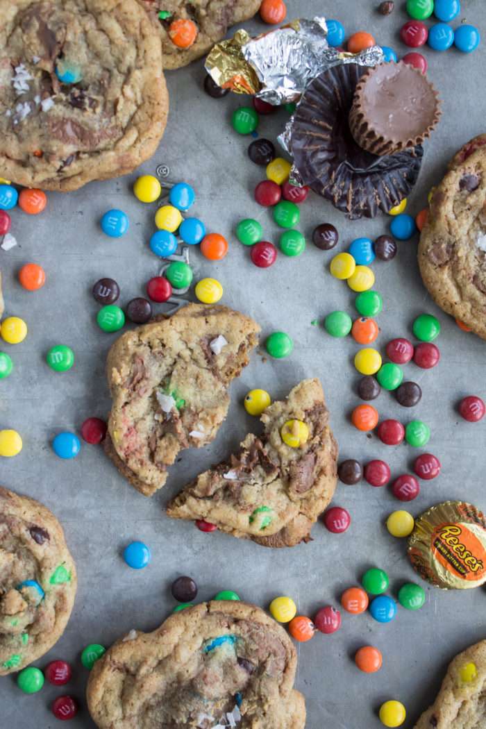 m&m and reese’s swirled sea salt cookies