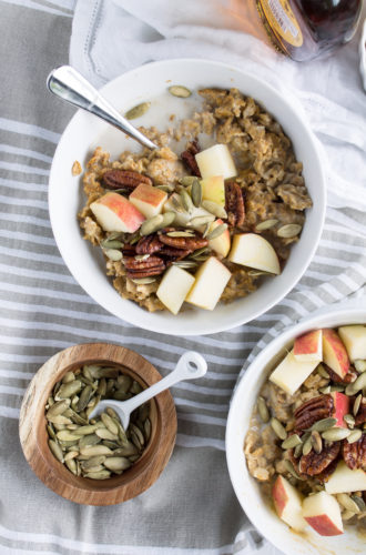 pumpkin pie oatmeal with maple roasted pecans