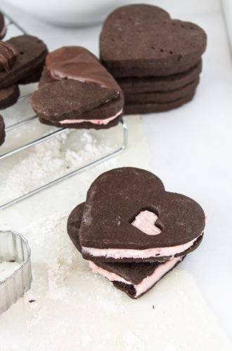 chocolate espresso sables with raspberry mascarpone filling