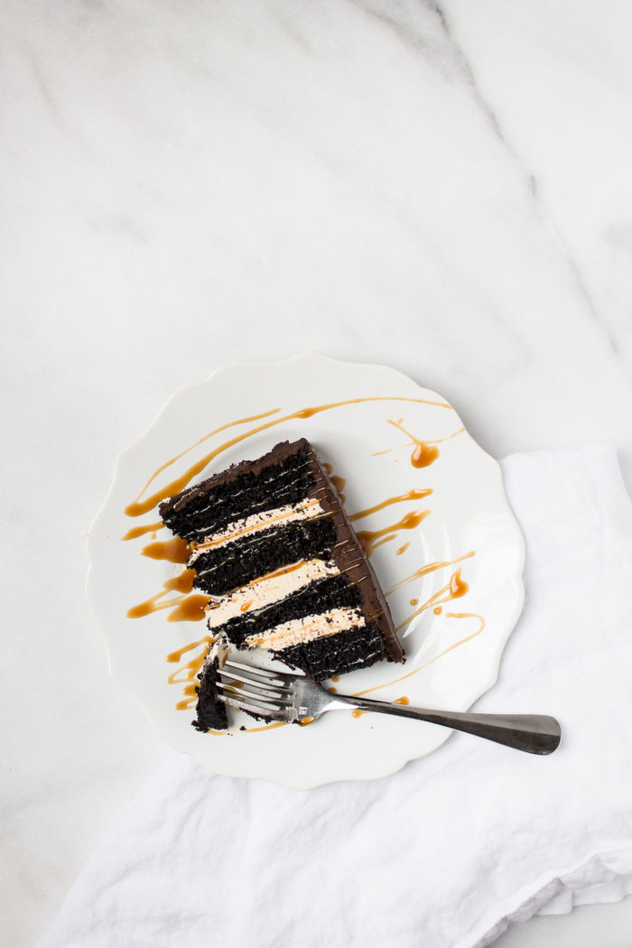 chocolate cake with whiskey caramel buttercream and dark chocolate ganache frosting