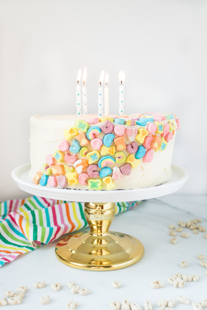 Cereal Milk Cake with Lucky Charms Filling | www.passthecookies.com