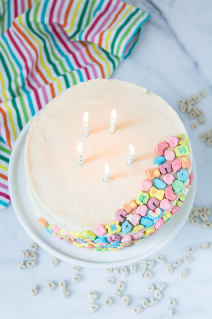 Cereal Milk Cake with Lucky Charms Filling | www.passthecookies.com