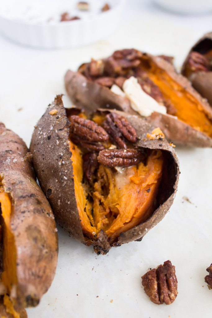 Slow Roasted Sweet Potatoes with Spiced Maple Pecans and Maple Bourbon Butter | Pass The Cookies | www.passthecookies.com