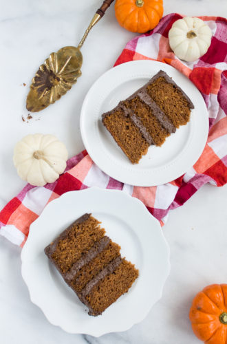pumpkin cake with fluffy chocolate frosting