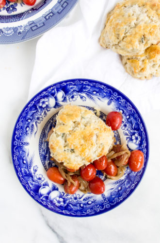 caramelized onion blue cheese biscuits with roasted tomatoes